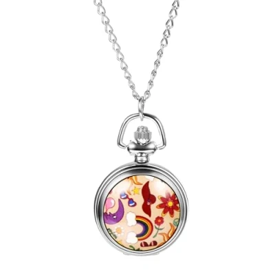 Image of JewelryWe Silver Pocket Watch for Women Stylish Colorful Pattern Quartz Necklace Pendant Christmas