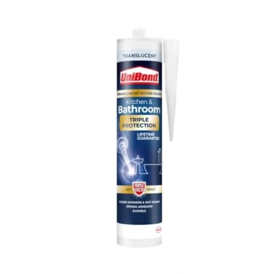 Image of UniBond Triple Protection Stop Mould Silicone Sealant For Kitchens and Bathrooms, Clear Sealant, Repels, Kills Prevents Growth, Long Lasting Shower 1 x 291 g Cartridge