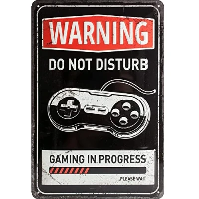 Image of Nostalgic Art Retro Tin Sign Achtung Gaming in progress Warning as gift idea, Metal Plaque, Vintage design for decoration, 20 x 30 cm