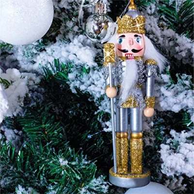 Image of St Helens Home &amp; Garden Nutcracker Christmas tree Decoration with Hanger 15cm Height Add a touch of class to your (Gold and Silver Crown)