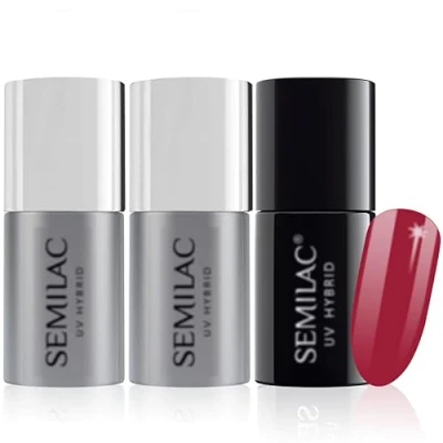 Image of Semilac Base Coat, Top Coat &amp; UV Gel Colour Polish. Long Lasting, Chip Resistant Easy To Apply. 066 Glossy Cranberry Nail Varnish. Perfect For Manicure or Pedicure.