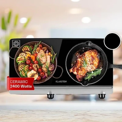 Image of Klarstein Ceramic Hob, 2400W Electric Hob Cooker, 2 Ring Pan Built In Table Top Cookers w/ Hobs, Stainless Steel Heater Cooktops, Hot Plates for Cooking