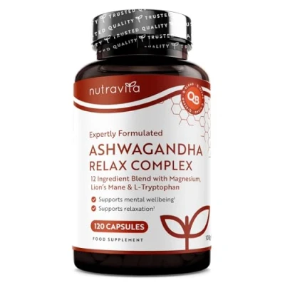 Image of Ashwagandha KSM 66 Relax Complex with Magnesium, Lion&#039;s Mane &amp; L Tryptophan Supports Relaxation Mental Wellbeing Normal Psychological Function Reduction in Fatigue 120 Capsules Nutravita