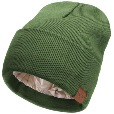 Image of DRESHOW Satin Lined Beanie Hats for Women Men Stretchy Knitted Cuffed Hat with Silky Lining Unisex Soft Warm Winter Solid Skull Cap