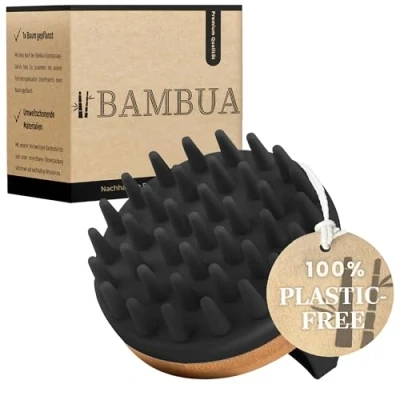 Image of BAMBUA Scalp Massage Brush (Anti Dandruff Effect) Head for When Showering Premium Massager Includes E Book Healthy (Black)