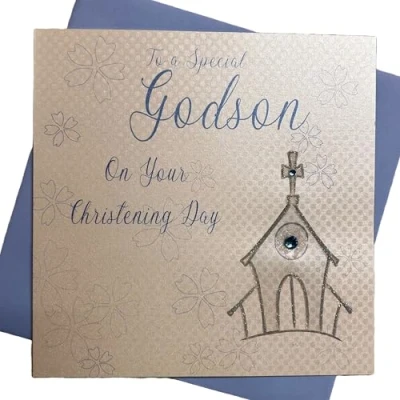 Image of WHITE COTTON CARDS To a Special Godson on Your Christening Day Handmade Card, Church, WB186,16cm x 16cm