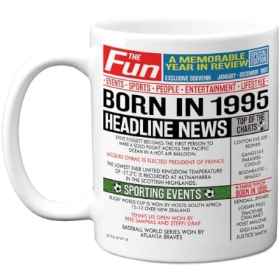 Image of Stuff4 30th Birthday Mug Gift for Men Women Born in 1995 Newspaper Happy 30 Gifts Son Daughter Cousin Vintage Retro Back Age Thirty Bday, 11oz Ceramic Coffee Mugs