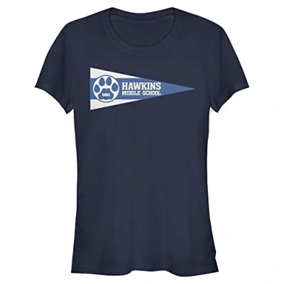 Image of Stranger Things Women&#039;s Hawkins Pennant Flag Short Sleeve T Shirt, Navy Blue, M