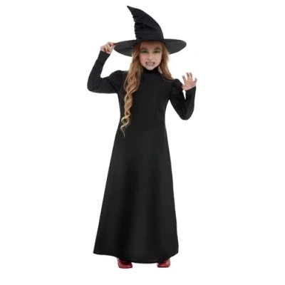 Image of Smiffys Wicked Witch Girl Costume, Black with Dress &amp; Hat, Halloween Child Fancy Dress, Up Costumes