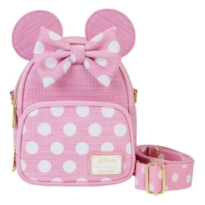 Image of Loungefly Disney Minnie Mouse Pink Straw Convertible Mini Backpack and Crossbody Bag, 2 in 1, Woven Texture