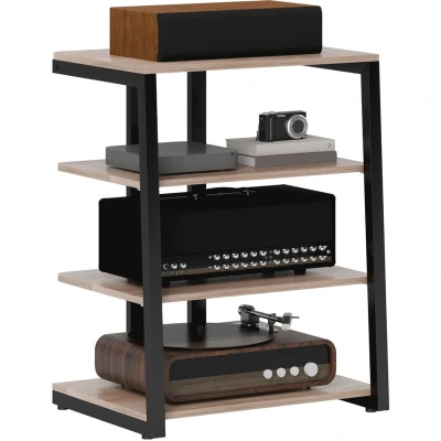 Image of HOMCOM HiFi Stand, 4 Tier Media Storage Shelf with Adjustable Shelves, Power Strip Rack for Router, Record Player, Printer, Industrial TV Stand up to 28 Inch TVs, Grey