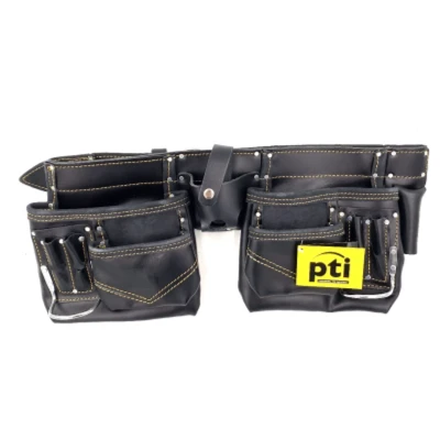 Image of PTI Leather Apron Tool Belt, Heavy Duty Pouch with Multi Pockets, Professional Work for Electricians, Carpenters, Adjustable Waist Storage Organiser, Hammer Loop