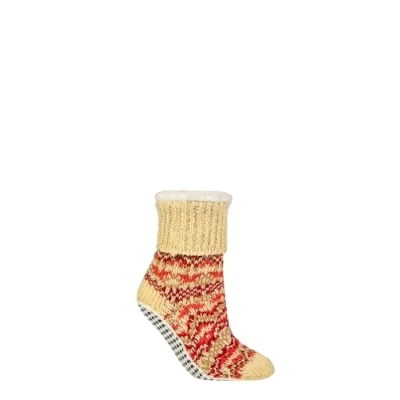 Image of Elle Womens Moccasin Slipper Socks Thick, Chunky, Fair Isle, Striped, Patterned, Anti Slip Grips, Size 4 8 in a 1 Pair Pack Cinnamon/Cream