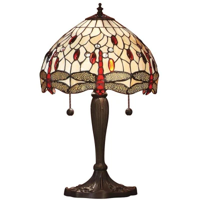 Image of Dragonfly 2 Light Small Table Lamp Dark Bronze, Beige, Tiffany Style Glass, E27