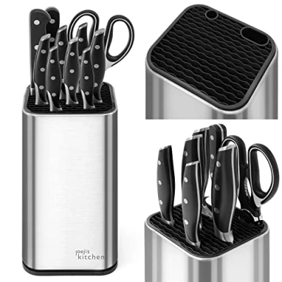 Image of Joeji&#039;s Kitchen Universal Knife Block Without Knives with Extra Slots for Scissors &amp; Sharpening Rod, Rustproof Stainless Steel Holder
