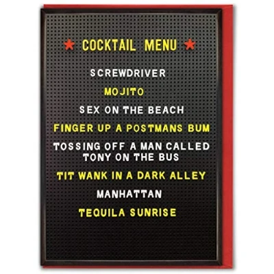 Image of Brainbox Candy Rude Birthday Cards for Men Banter &#039;Cocktail Menu&#039; Friends Mates Brother Sister