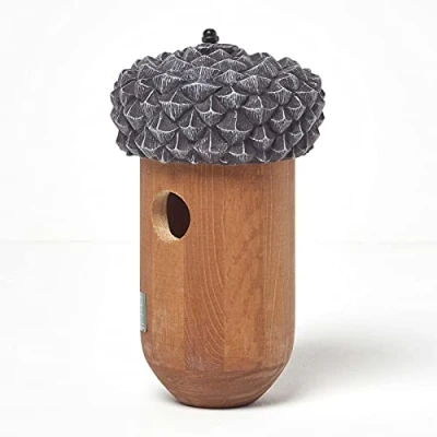 Image of HOMESCAPES Acorn Shaped Bird House Solid Wood Nesting Box H 25 x W 14 cm Garden for Fence or Trees Crafted from Treated Pinewood Ready Assembled