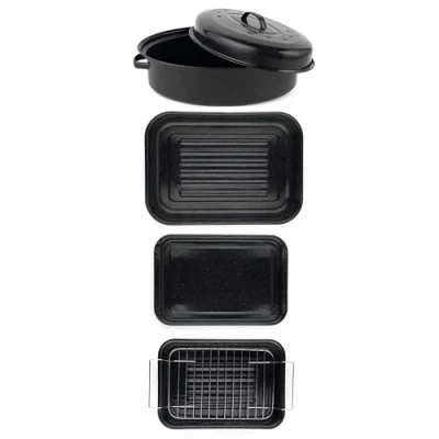 Image of Russell Hobbs COMBO 8074A Romano Vitreous Enamel Roasting Oven &amp; Baking Tray Set of 4, Dishwasher Safe, Non Stick Roaster Rack, Deep Tin, Self Basting with Lid