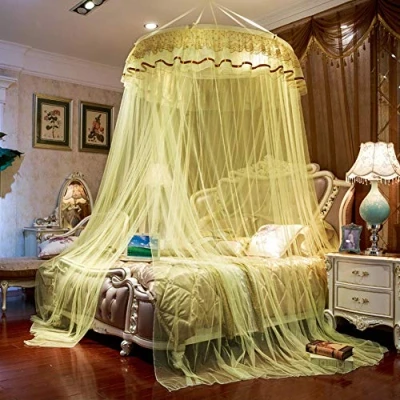 Image of Premium Luxurious Bed Canopy Netting Cover Round Lace Dome Curtain Mosquito Net Natural Repellent Easy Installation,Yellow