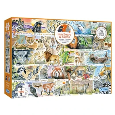 Image of Sun Bears and Sloths 1000 Piece Jigsaw Puzzle Val Goldfinch Endangered Animal Sustainable for Adults Premium 100% Recycled Board Great Gift Gibsons Games
