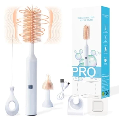 Image of Orzbow Electric Baby Bottle Brushes for Cleaning,3 in 1 Waterproof Silicone Brush,Nipple Brush,Straw Cleaner,Two speed Cleaning Mode,360 Rotating Cleaning,1200mAh,Long Handle (Grey)