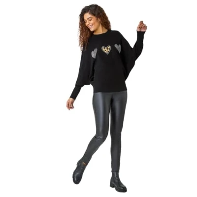 Image of Roman Womens Embellished Animal Print Heart Jumper Black Leather Size Large