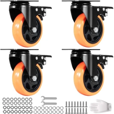 Image of VEVOR Caster Wheels, 4 inch Swivel Plate Casters, Set of 4, with Security A/B Locking No Noise PVC Heavy Duty 350 lbs Load Capacity Per Caster, Non Marking Wheels for Cart Furniture Workbench