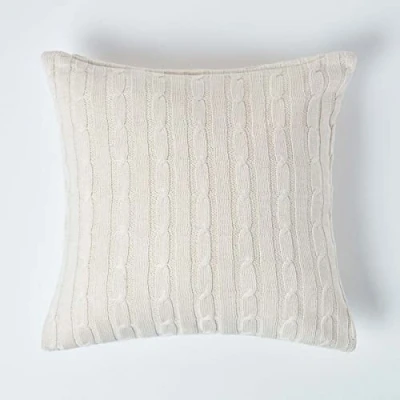Image of HOMESCAPES Cable Knit Cushion Cover Natural 100% Cotton 18 x Inches Washable