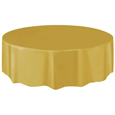 Image of Gold Solid Round Plastic Table Cover (213cm) 1 Count Vibrant &amp; Durable Party Essential for Easy Cleanup and Decoration
