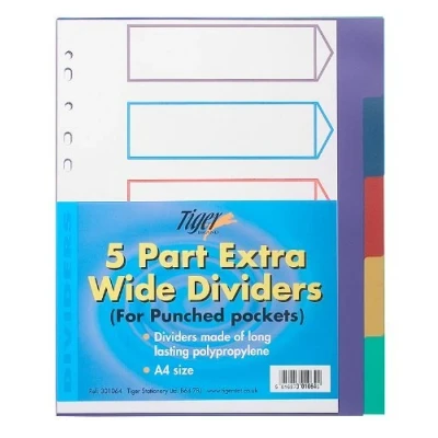 Image of 4x A4 Extra Wide Colour Coded 5 Part Strong Filing Subject Dividers Tabbed Index
