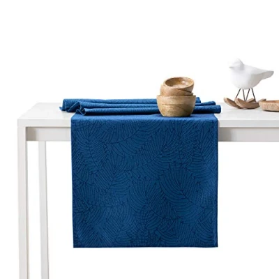Image of AmeliaHome Gaia Table Runner 30 x 80 cm Lotus Effect Water Repellent Leaves Dark Blue