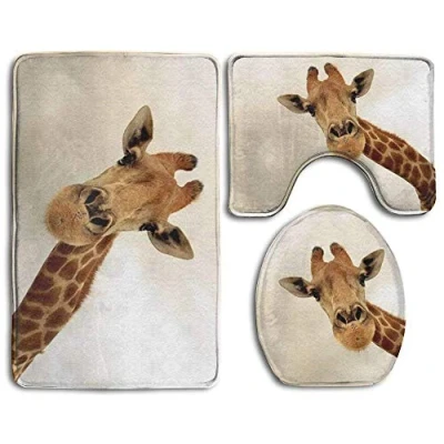 Image of RedBeans Bath Mat,3 Piece Bathroom Rug Set,Giraffe Flannel Non Slip Toilet Seat Cover Set,Large Contour Mat,Lid For Men/Women