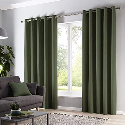 Image of Fusion Olive Green Curtains W46 x L90 (117 229cm) Eyelet 100% Cotton for Bedroom/Living Room Door Curtain Thermal Drapes/Window Treatment Sorbonne Collection