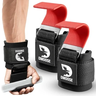 Image of DMoose Fitness Weight Lifting Hooks for Men &amp; Women (Pair) 8 mm Thick Wrist Padding Grips Powerlifting, Shrugs Gym Straps with Pull Up