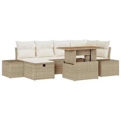 Image of vidaXL 7 Piece Garden Dining Set with Cushions Beige Poly Rattan Acacia