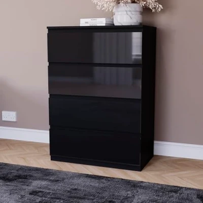 Image of Vida Designs Glinton High Gloss Chest of Drawer, 100% FSC Certified Drawers for Clothes Closet Organizers and Storage Cabinet Hallway, Entryway (Black, 4 Drawer)
