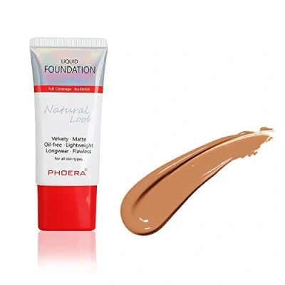 Image of AQUAPURITY PHOERA Full Coverage Foundation New Formula Waterproof Long Lasting Oil Free Velvet Matte Liquid for Oily Skin Flawless Makeup Base Cream Concealer (108 Tan…)