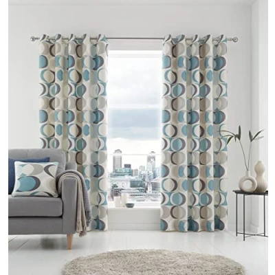 Image of Fusion Duck Egg Retro Vector Circle Curtains W66 x L90 (168 229cm) 2x Panels 100% Cotton Geometric Eyelet in Crescent Shape &amp; Drapes for Bedroom/Living Room