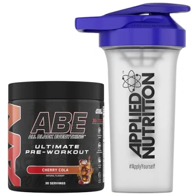 Image of Applied Nutrition Bundle ABE Pre Workout 375g + 700ml Protein Shaker All Black Everything Powder, Energy &amp; Physical Performance with Creatine, Beta Alanine (Cherry Cola)