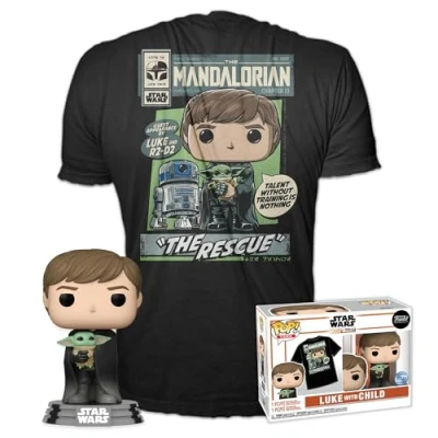 Image of Funko Pop! &amp; Tee: Star Wars: the Mandalorian Luke With Grogu (the Child, Baby Yoda) (Grogu Yoda), Medium T Shirt Clothes Collectable Vinyl Figure for Adults