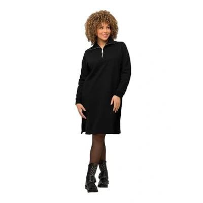 Image of Ulla Popken Women&#039;s Sweat Dress with Troyer Collar, Black, 24 26