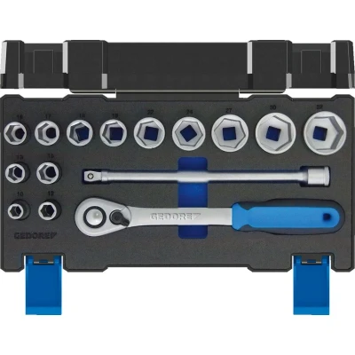 Image of GEDORE 15 piece Socket spanner set, 1/2&quot;, Tool, Sockets ratchet bits, for carmotive, 19 DMU 20, Blue