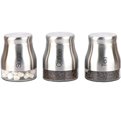 Image of ARA CHOICE Set of 3 Silver Kitchen Storage Canisters Tea Coffee Sugar Jars Pots Containers Caddy Stylish Matt Glass with Screw Lid Jar Food Canister 700ml