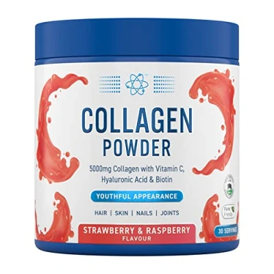 Image of Applied Nutrition Collagen Powder Strawberry &amp; Raspberry Flavour 5000mg Hydrolysed Bovine Flavoured Peptides with Vitamin C, Hyaluronic Acid Biotin (165g 30 Servings)