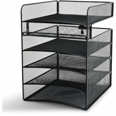 Image of Safco Products Onyx Mesh 5 Tray Underdesk Hanging Organizer 10.25&quot; W x 12.37&quot; D 14.37&quot; H Easy Assembly Black Powder Coat Finish Durable Steel Construction 20 lb Capacity