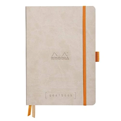 Image of RHODIA 117574C Soft Notebook Bullet Journal Goalbook Beige A5 Dotted Dot 240 pages Clairefontaine White Paper 90g 2 Ribbons, Elastic Closure Faux Leather Cover