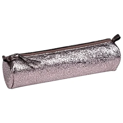 Image of Clairefontaine Ref 410029C Céleste&#039; Leather Round Pencil Case 22cm x 5.5cm, Made From Genuine Lambskin Leather, Metal Zip With Puller Bronze