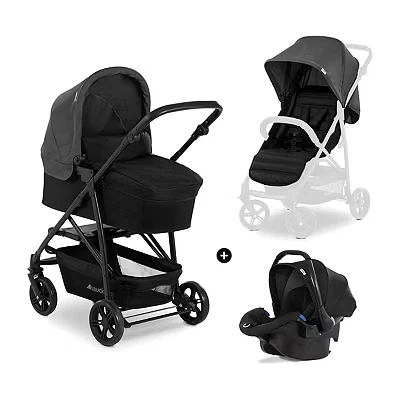 Image of Hauck Rapid 4 Trioset Travel System, Grey Pushchair Pram, Carry Cot &amp; Car Seat, Compact Foldable, with Raincover