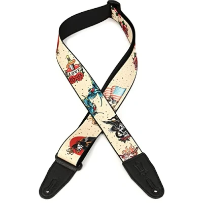 Image of Levy&#039;s Leathers Unisex&#039;s 2&quot; Poly Guitar Strap Series Black Leather Ends Adjustable from 35 to 60, Old School Tattoo Flash Design, One Size