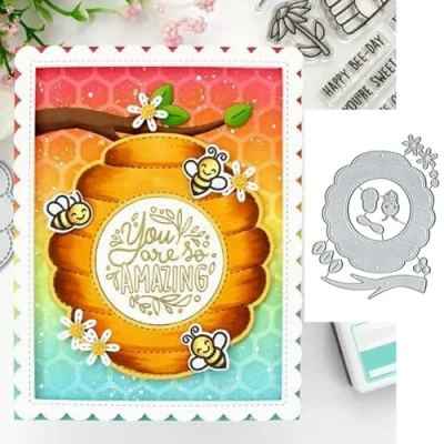 Image of Flower Oval Bee Tree Metal Die Cuts,Spring Square Frame Cutting Dies Cut Stencils for DIY Invitation Card Scrapbooking Album Decorative Embossing Paper Making